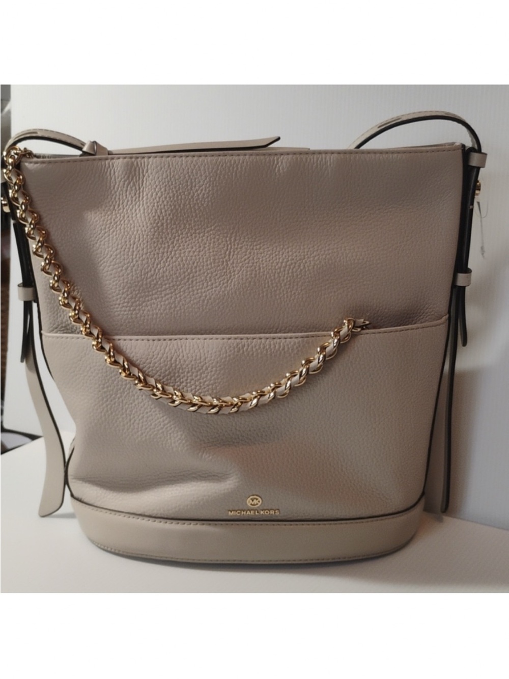 Michael Kors Taupe Leather Shoulder Tote with Gold Chain Accent